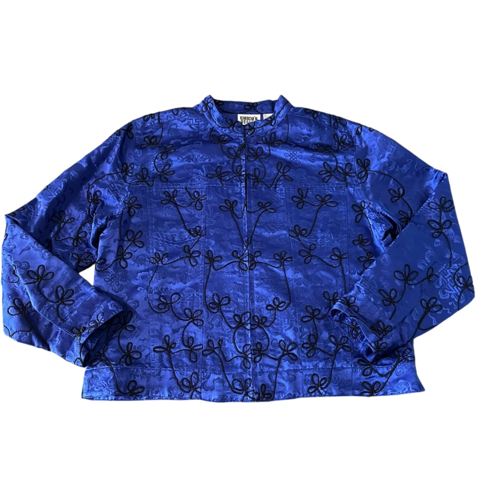 Chicos Vintage 100% Silk Blue Black Embroidered Full Zip Jacket Sz 2 L Mandarin